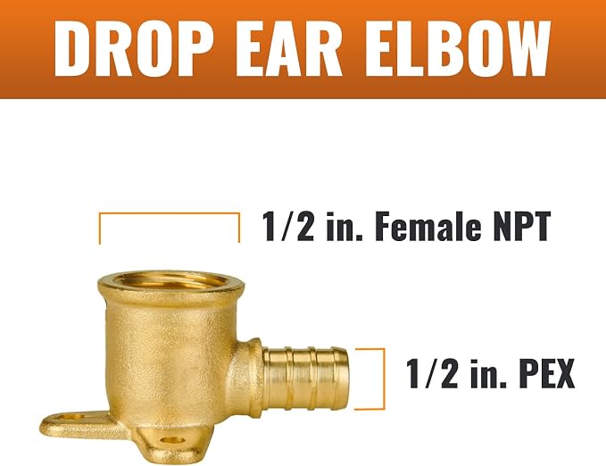 2-Pack 1/2 Inch PEX Drop Ear Elbow, PEX Fittings 1/2", Brass | Crimp Pipe - Image 2