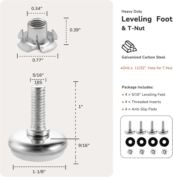 Adjustable Leveling Feet Kit – 5/16" Heavy Duty Furniture Levelers Legs - Image 2