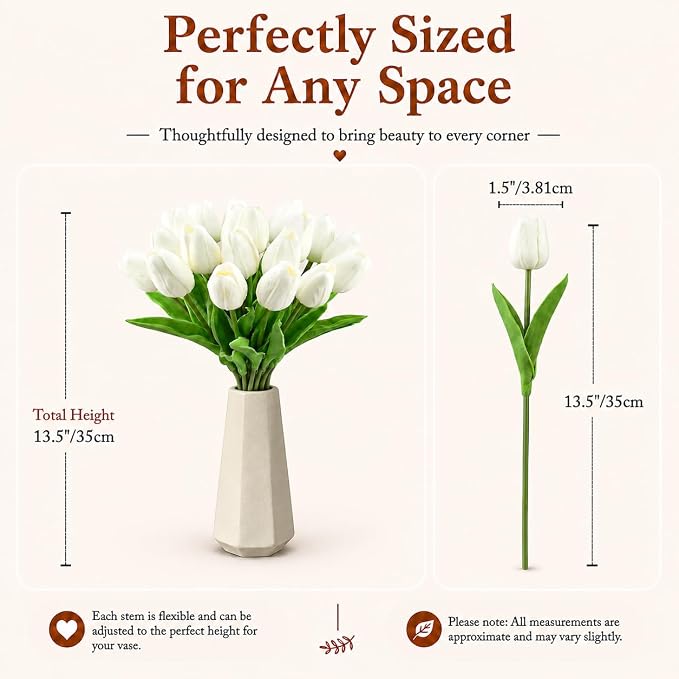Mandy's 20pcs Artificial Pure White Tulips | 13.5 Inch Lifelike PU Tulips Faux - Image 3