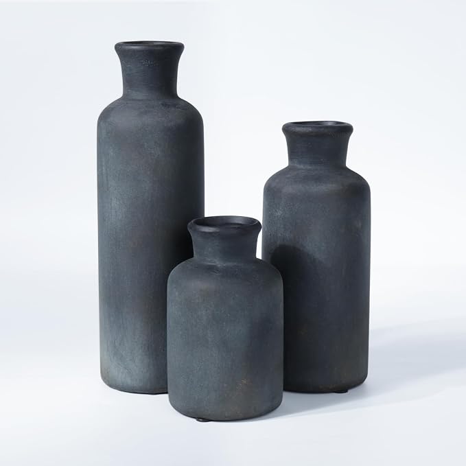 Black Ceramic Vase Set of 3, Vintage Brushed Gold Effect by CheeryStow