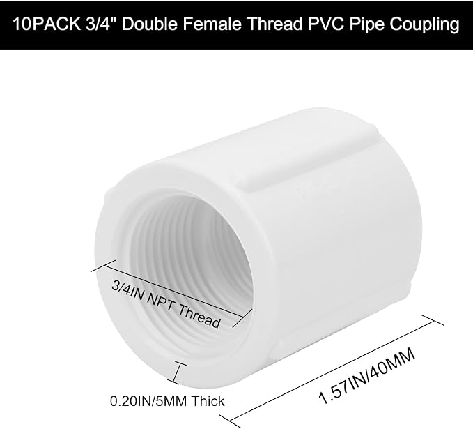 10Pack 3/4" Double Female Thread PVC Pipe Coupling Adapter Pipe Fitting - Image 2