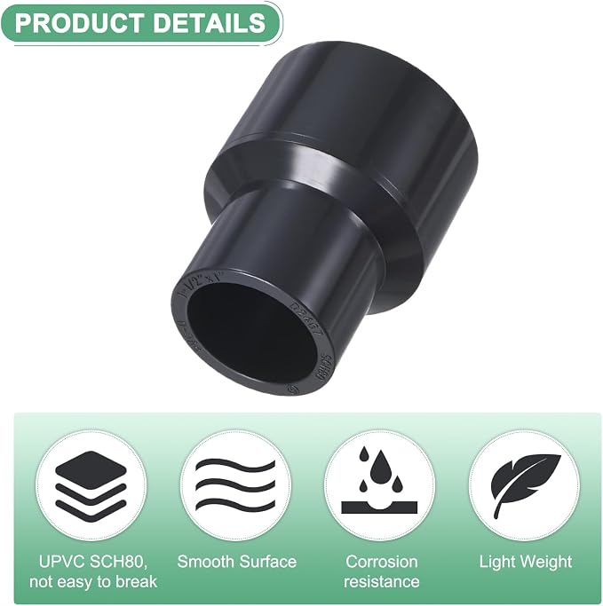 M METERXITY 1-Pack UPVC Reducer Pipe Fitting, 1-1/2"x1" Reducing Coupling - Image 2