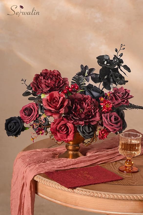 Serwalin Burgundy Black Artificial Flowers Combo, Silk Flowers - Image 3