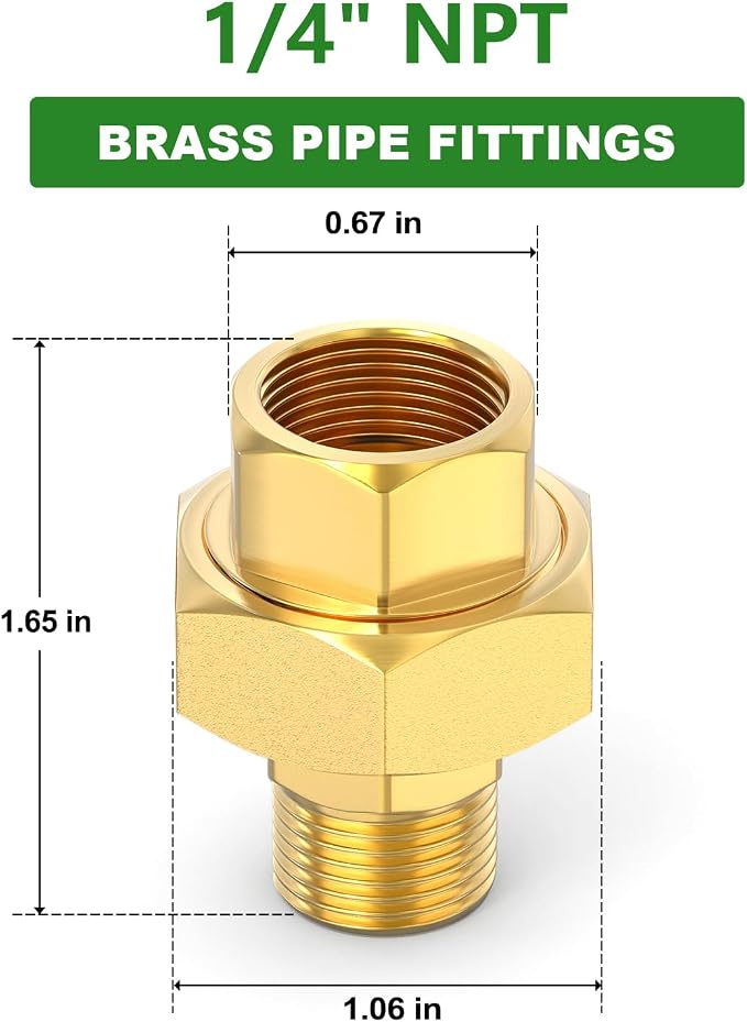 2PCS Brass Union，1/4" NPT Male x 1/4" NPT Female Brass Pipe Fitting - Image 2