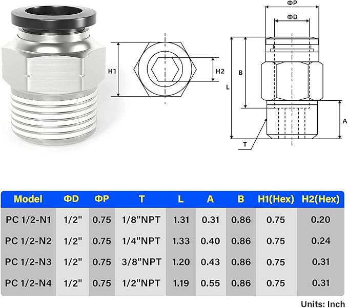 TAILONZ PNEUMATIC Male Straight 1/2 Inch Tube OD x 1/2 Inch NPT Thread Push to - Image 2