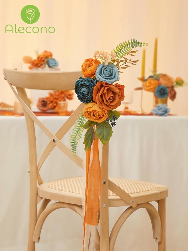 Alecono Orange and Teal Artificial Flowers, Silk Fake Floral Set | - Image 6