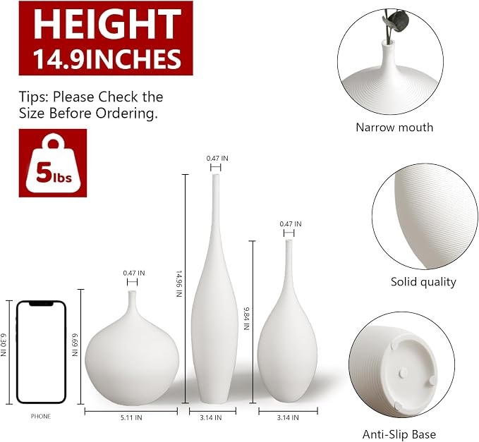 Relexome White Ceramic Vase Modern Boho Wabi-Sabi Flower Vase Set of 3 - Image 3
