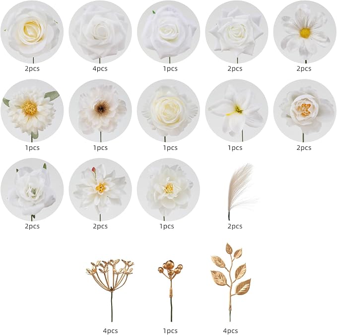 Artificial Flowers Combo Pure White Flowers Mix Silk Flowers Fake Roses - Image 7