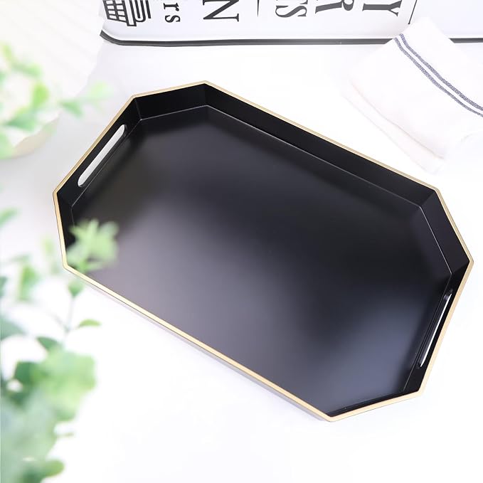 Black Decorative Tray with Handles, Octagon Versatile Serving Tray - Image 4