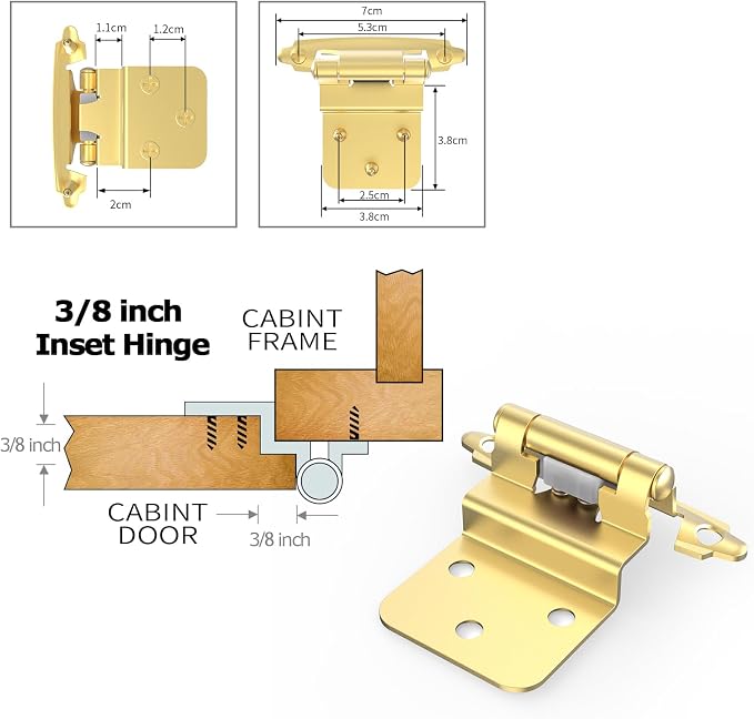 3/8 Inch Inset Cabinet Hinges, 2 Pack Self Closing Flush Face Mount Hinges - Image 4
