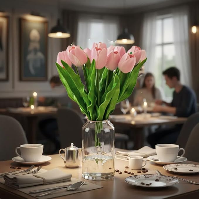 Mandy's 6pcs Artificial Light Pink Tulips | 17.7 Inch Lifelike PU Tulips Faux - Image 4