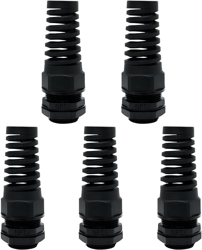 5Pcs NPT 1/2" IP68 Waterproof Cable Gland Flex Spiral Strain Relief Black Nylon by LeMotech