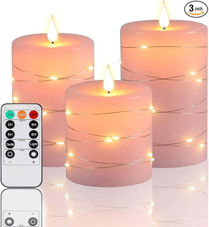 Pink Flameless Candles with String Lights Battery Operated Flickering LED by Fanzir