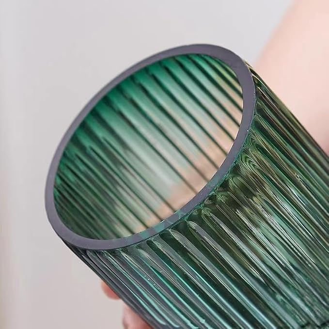 Flower Vase 10 inch Green Thickened Hand Blow Glass Vase Round Vintage Striped - Image 4