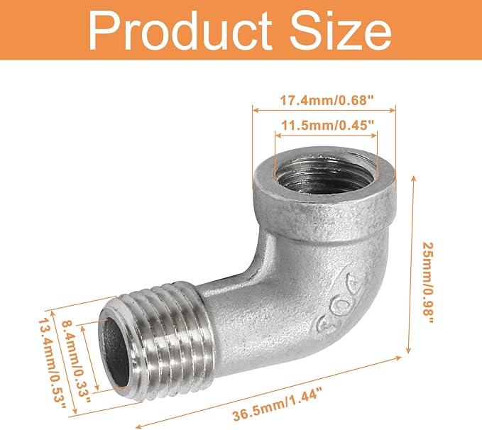 2Pcs 304 Stainless Steel 90 Degree Elbow Fittings, 1/4" NPT | Female x Male - Image 2