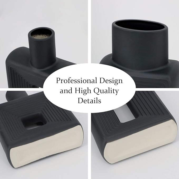 Black Ceramic Vase Set of 2，Square Vase Rustic Home Decor Minimalist Nordic - Image 5