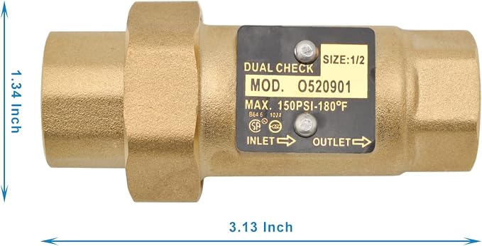 Brass Dual Check Valve, 1/2" FNPT, Solid Brass, Max 150PSI-180°F - Image 3