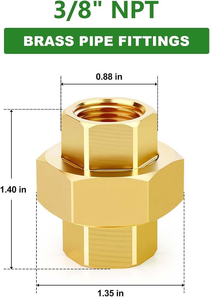 2PCS Brass Union，3/8" NPT Female x 3/8" NPT Female Brass Pipe Fitting - Image 2