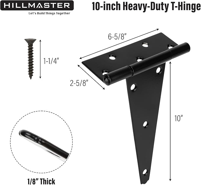 HILLMASTER 10 Inch T-Strap Heavy Duty Shed Door Hinges Gate Strap Hinges Black - Image 4