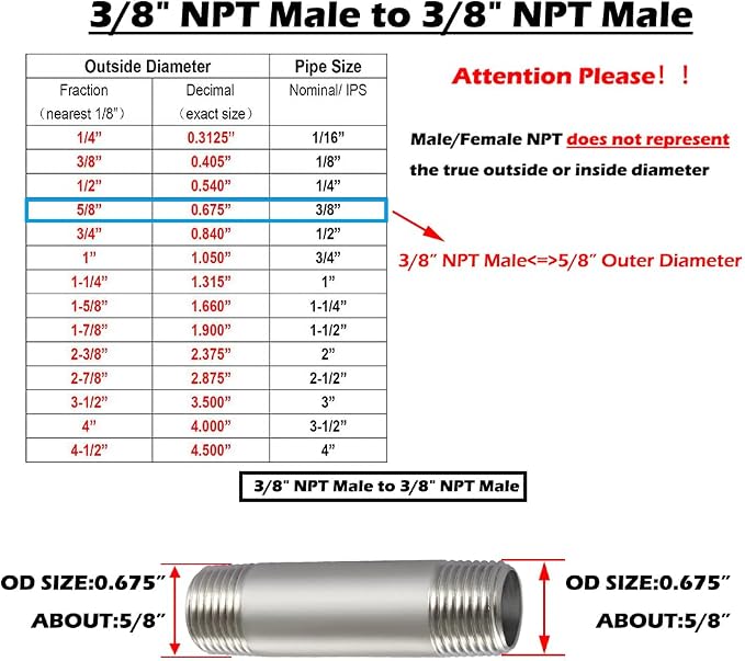 Beduan Stainless 3/8 NPT Male Threaded 8" Length Nipple Pipe Fitting | MPT - Image 2