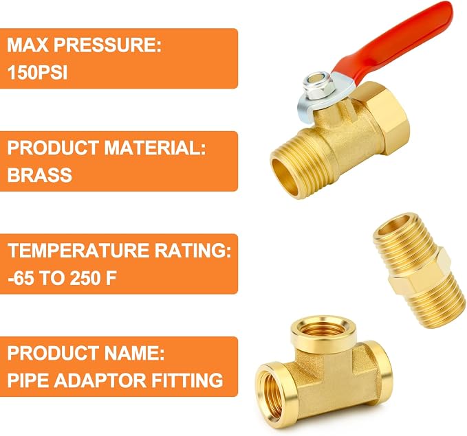 GASHER 6PCS 3/8 Inch NPT Brass Pipe Fitting, Ball Valve, Barstock Tee Brass - Image 3