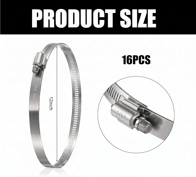 Boao Adjustable 304 Stainless Steel Duct Clamp Hose Clamp, 16 Pieces, 12 Inch - Image 2