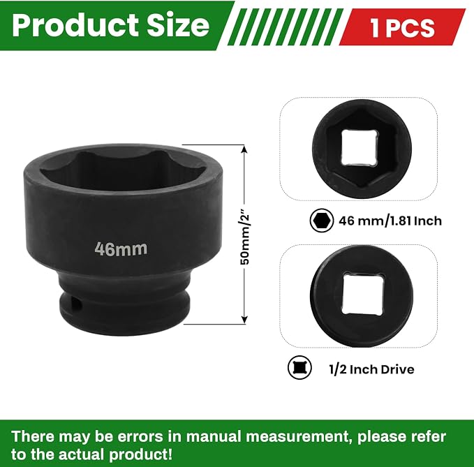 1/2" Drive 46mm Deep Impact Socket, 6 Point Chrome Molybdenum Steel Heavy Duty - Image 2