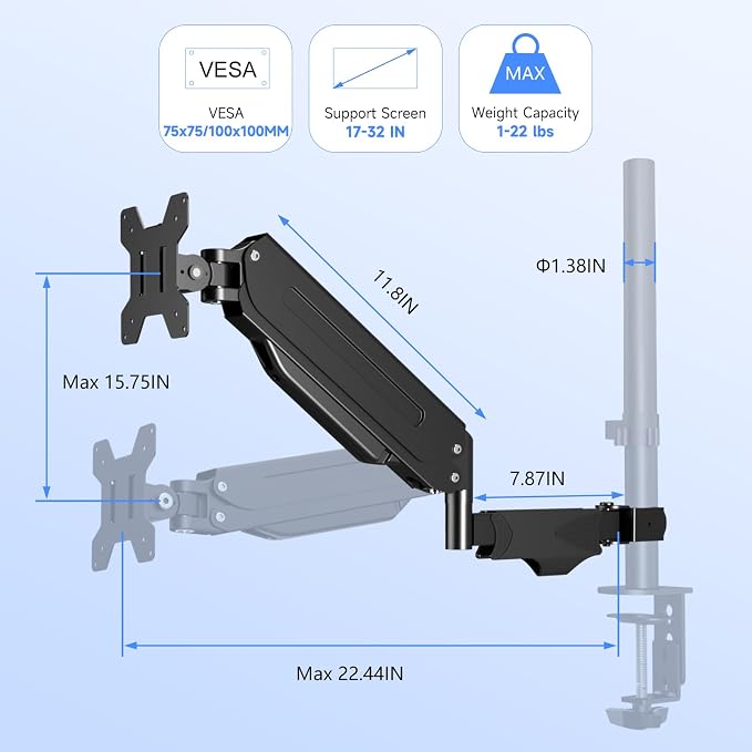 Pholiten Single Monitor Arm, Gas Type, Double Articulated | 35MM Pole Mount - Image 2