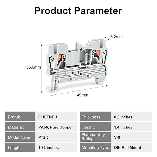 100Pcs PT2.5 Push-in Terminal Blocks, 2.5mm²Cable | DIN Rail Mounted Terminal - Image 3
