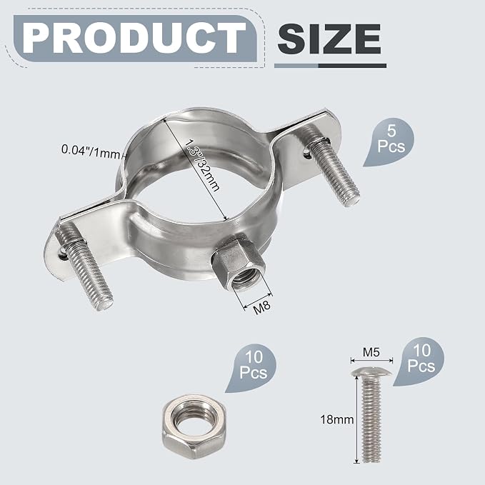 HARFINGTON 5pcs 201 Stainless Steel 1.3"/32mm Split Ring Pipe Hanger Pipe Strap - Image 2