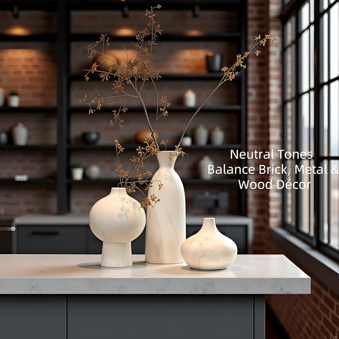 White Ceramic Vase Set of 3, Modern Organic Home Decor | Aged-stone texture - Image 9