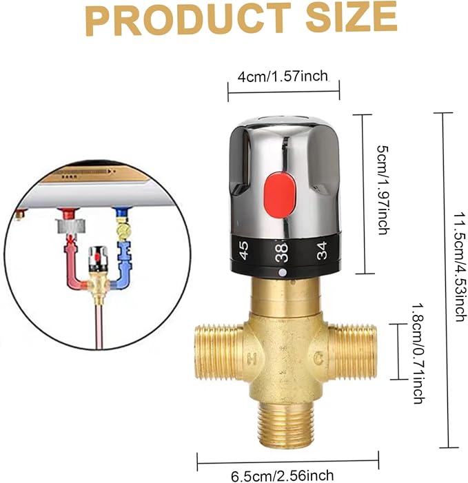 Water Mixing Valve, Thermostatic Mixing Valve 3-Way Adjustable Brass 1/2" Water - Image 4