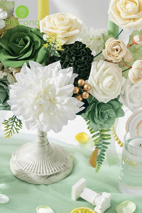 Alecono Green Pink Artificial Flowers, Silk Fake Roses Floral Set | - Image 8