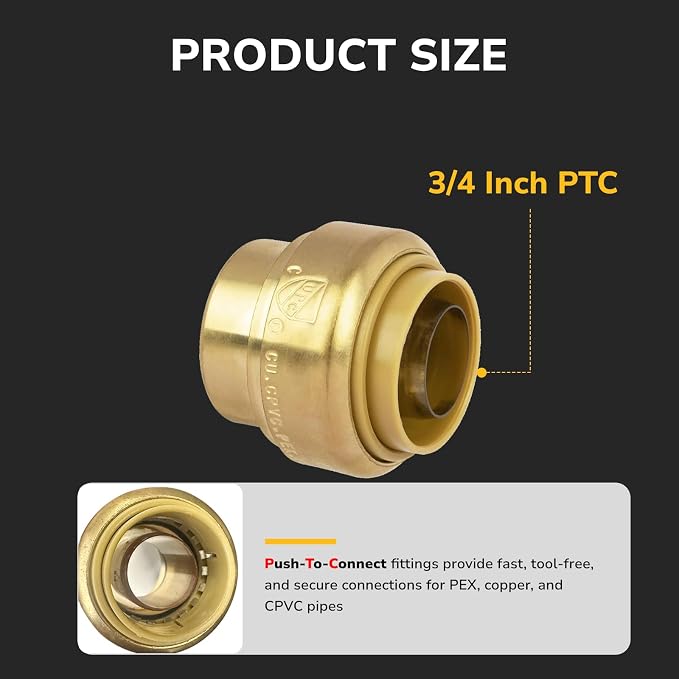 3/4" Push Fit End Cap, Push to Connect Brass Plumbing Fitting, Durable Push Cap - Image 2