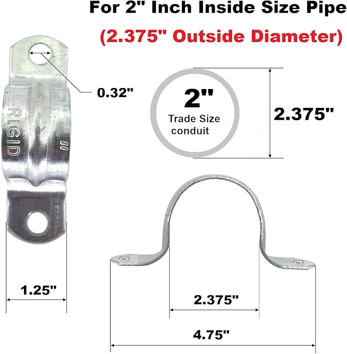 Rigid Pipe Strap Clamp Hanger, 2 Holes, Galvanized or PVC Pipes, IMC Conduit - Image 2