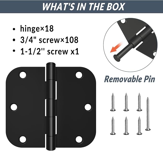 HOSOM 18 Pack Rounded Matte Black Door Hinges 3.5 x 3.5 inch - Image 3