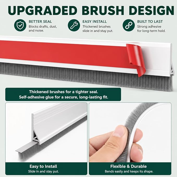 Door Draft Stopper with Brush, 1 Pack | Self Adhesive Weather Stripping - Image 5