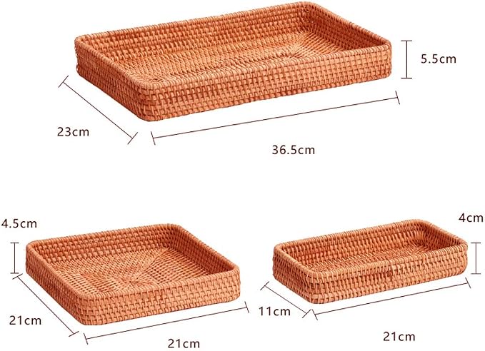 i-lan Rattan Serving Tray Set of 3, Rectangular Wicker Trays, Natural Brown | - Image 2