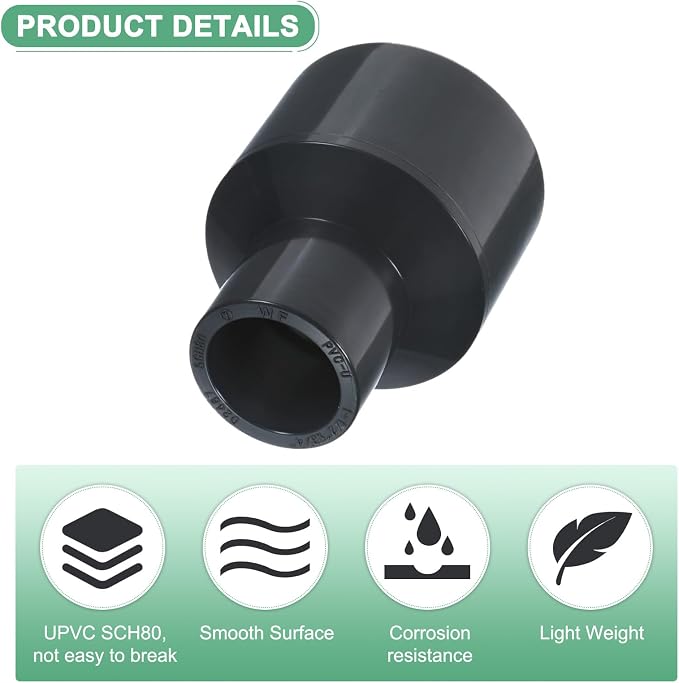 M METERXITY 1-Pack UPVC Reducer Pipe Fitting, 1-1/2"x3/4" Reducing Coupling - Image 2