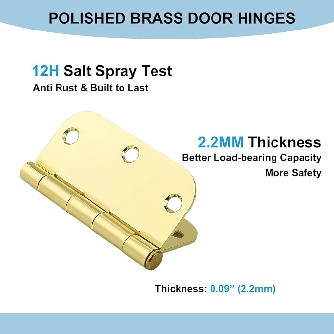 KNOBWELL 3.5" x 3.5" Polished Brass Door Hinges, 30 Pack | 5/8 Radius Corners - Image 4