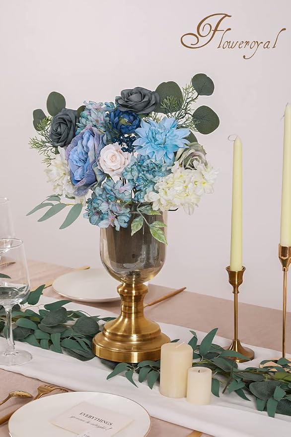 Artificial Flowers Combo Dusty Blue Flowers Mix Silk Flowers Dahlia Roses - Image 5