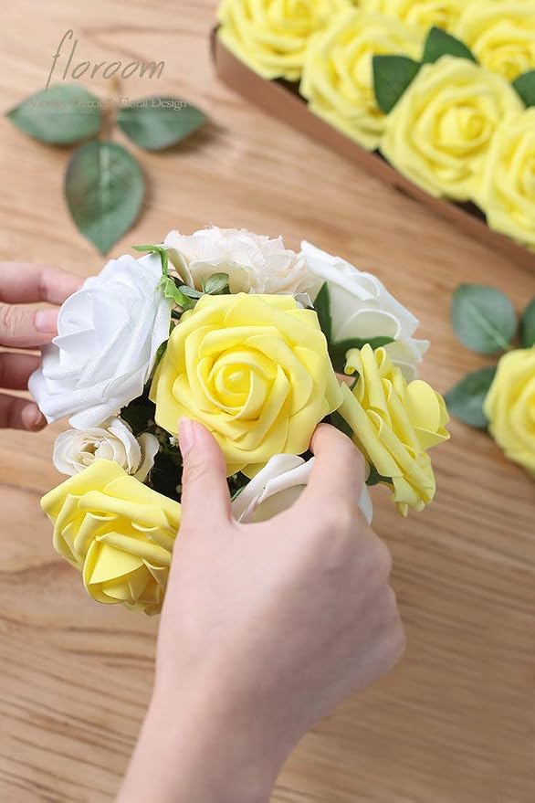 Artificial Flowers 25pcs Real Looking Canary Yellow Foam Fake Roses - Image 4