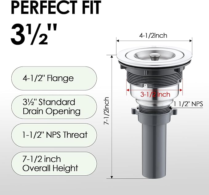 3-1/2-inch Kitchen Sink Drain, 304 Stainless Steel Removable Deep Basket - Image 6