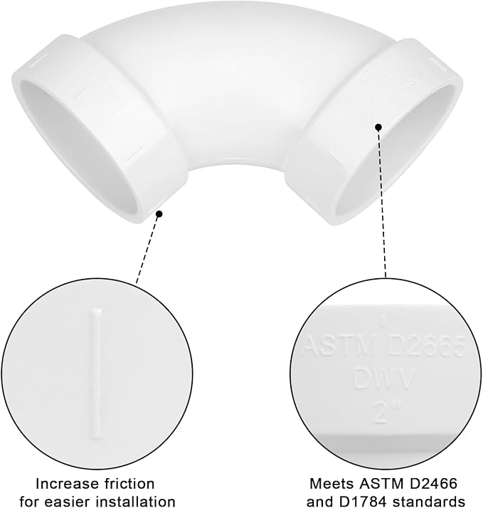 4Pack 2" PVC DWV Sanitary 90-Degree Elbow White SCH40 2" PVC DWV 90° Elbow Pipe - Image 4