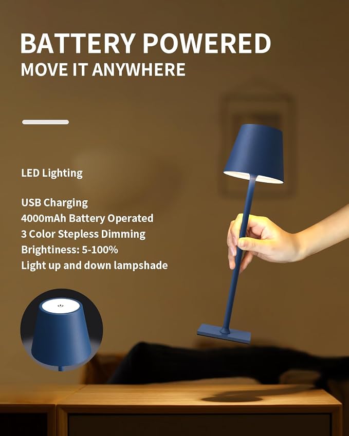 KDG 2 Pack Cordless Blue Table Lamps, Rechargeable Portable LED Desk Lamps | - Image 4