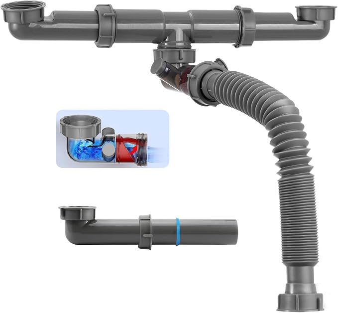 1-1/2 inch Kitchen Sink Drain Kit, space-saving kitchen drain by QruiLanTu