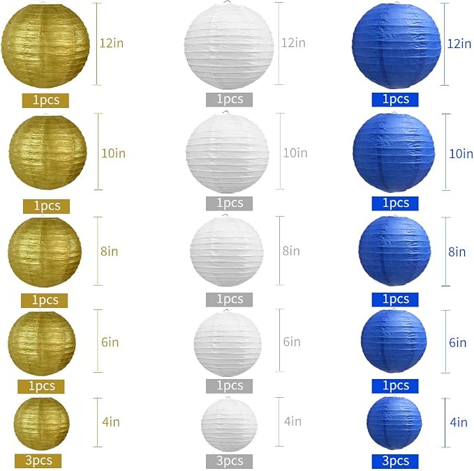 BEISHIDA Blue Gold Paper Lanterns 10Pcs 4/6/8/10/12 Inch Round Chinese Lamp | - Image 2
