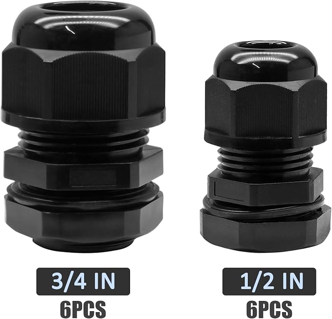 12 Pcs 3/4"+1/2" NPT Nylon Cable Glands Black Cable Cord Connector | IP68 - Image 2