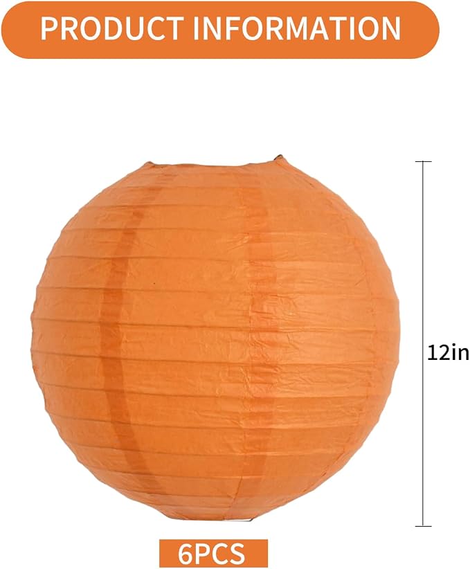 BEISHIDA 12 Inch Orange Paper Lanterns 6Packs Hanging Round Chinese Lantern | - Image 2
