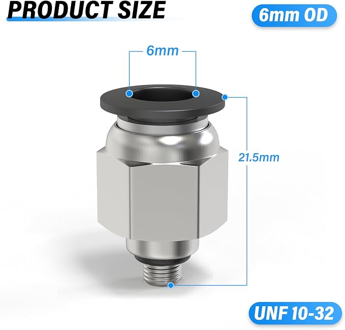TAILONZ 6mm Tube OD x 10-32 UNF Male Straight Push to Connect Fitting 10pcs | - Image 2